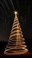 Christmas tree made of light trails under starry night sky