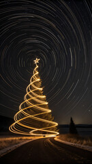Christmas tree shining brightly under starry night sky
