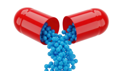 Red and blue capsule with pills isolated PNG, medicine and healthcare concept on transparent background, pharmaceutical product