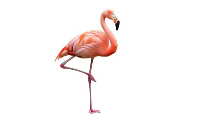 Elegant pink flamingo standing isolated on one leg PNG, tropical bird with vibrant plumage for design projects and educational use