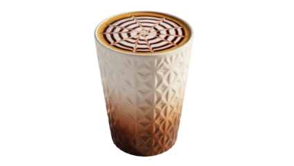 Latte art in a textured cup isolated PNG, coffee drink with spiderweb design on transparent background, cafe beverage