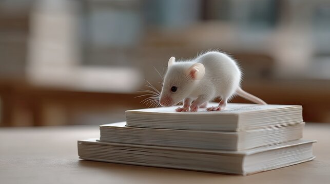 Cute rat stands on three books, exploring and reading them in a bright setting