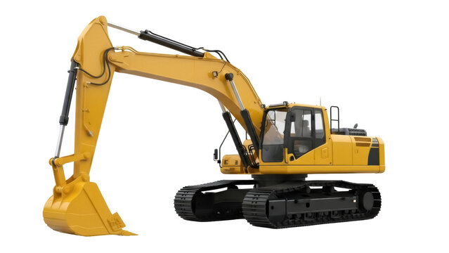 Yellow excavator PNG isolated on transparent background, construction equipment for building and digging projects, heavy machinery