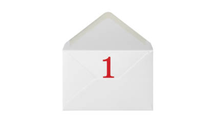 Open white envelope with red number 1 PNG isolated on transparent background, mail correspondence for invitations and announcements