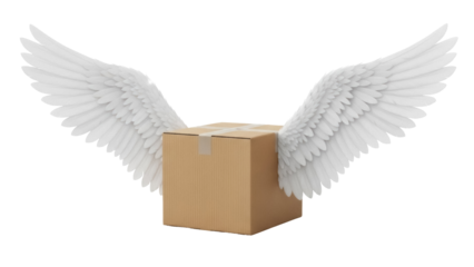 Cardboard box with wings PNG isolated on transparent background, fast delivery concept for e-commerce and shipping services