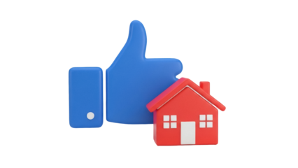 Blue thumbs up with red house isolated PNG, like for real estate and property investment on transparent background