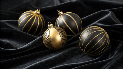 Luxurious black and gold christmas ornaments on velvet fabric