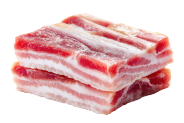 Raw pork belly slices stacked isolated on transparent background. Raw pork belly slices stacked together isolated on white background.
