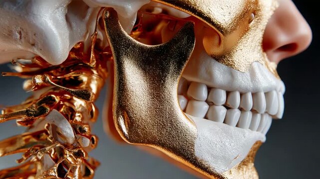 Detailed Analysis of a Gold and White Anatomical Human Skull Model, Highlighting Jaw Structure and Spine, Captured from Unique Angles for Educational Purposes