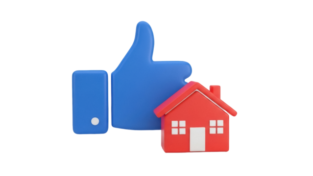 Blue thumbs up with red house isolated PNG, like for real estate and property investment on transparent background - Powered by Adobe