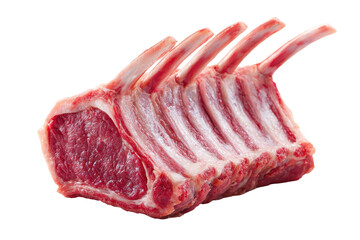 Raw rack of lamb isolated on transparent background. Raw lamb rack prepared for cooking fresh meat isolated on white background.