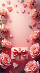 Pink rose with a bow and hearts around it love background copy space