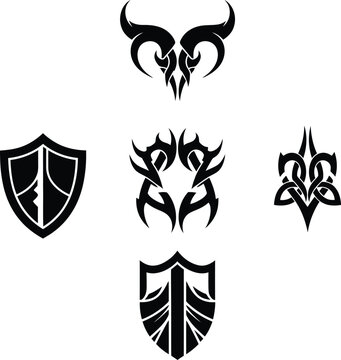 Symmetrical tribal vector icons featuring ram head horns celtic knot and shield ornaments for fantasy gaming and tattoo art.