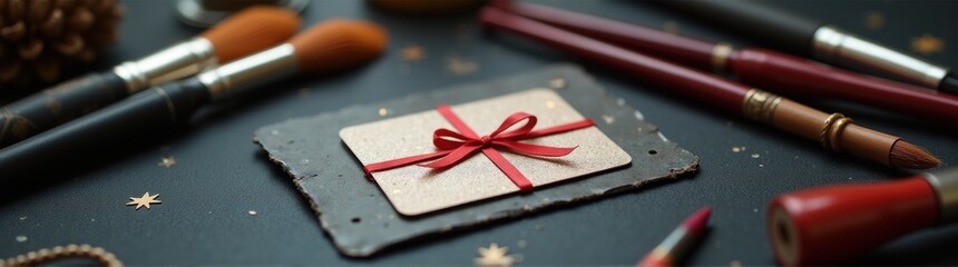 Small gift card on a small piece of paper with a red ribbon  brushes paints and craft materials banner