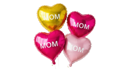Heart-shaped balloons with MOM isolated PNG, colorful foil balloons for Mother s Day celebration on transparent background, festive decoration