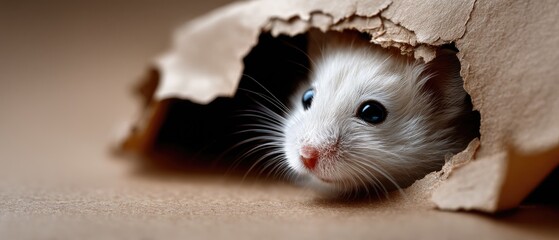 Cute white and black hamster peeking out from a hole in brown kraft paper in a bright indoor space during the day