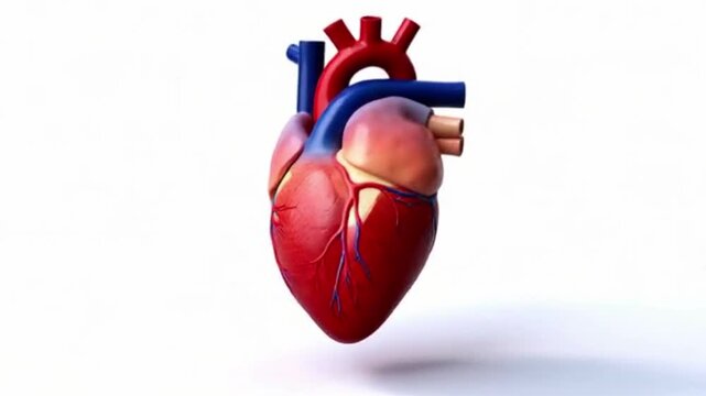 Anatomical 3D model of a human heart with detailed veins and arteries displayed against a white background