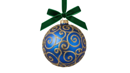 Blue Christmas ball with golden swirls isolated PNG, festive holiday ornament for seasonal decoration and graphic design projects