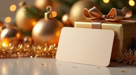 Gift box with a card on a table congrarulation holiday background gift card concept christmas background copy space