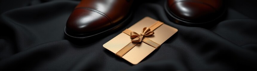 Shoe and a gift on a black cloth gift card concept banner copy space sale discount concept