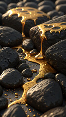 Golden liquid flowing over black stones