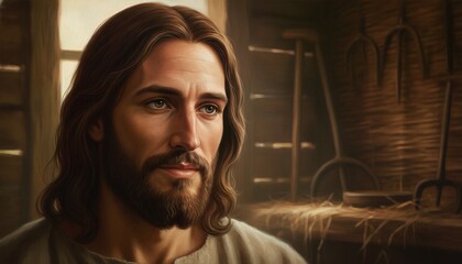 Cinematic Shot of Jesus in a Rustic Stable with Soft Natural Light