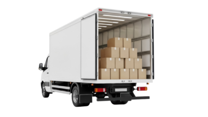 Delivery truck with cardboard boxes isolated PNG, cargo van loaded with parcels for shipping and distribution on transparent background