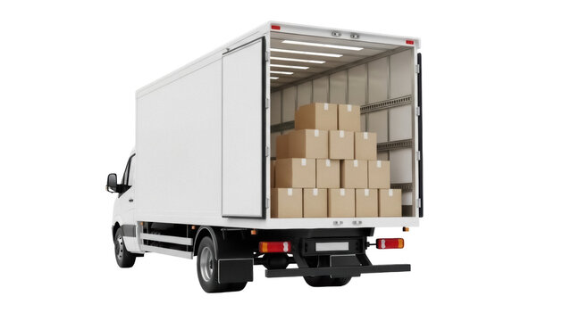 Delivery truck with cardboard boxes isolated PNG, cargo van loaded with parcels for shipping and distribution on transparent background