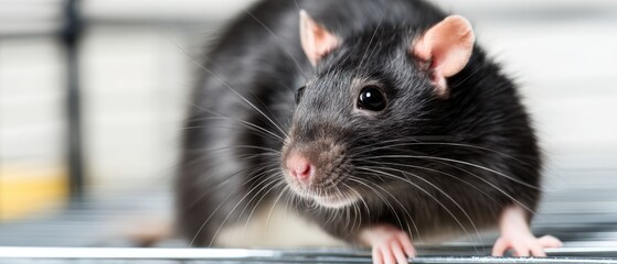 Black rat on cage observing surroundings in a close-up shot with a blurred white background