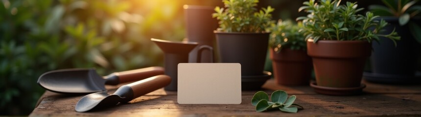 Small card sitting on a table with gardening tools banner copy space