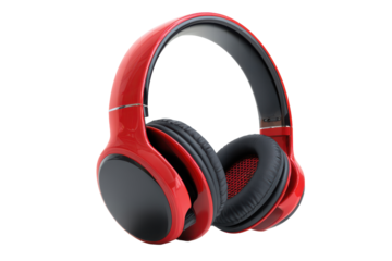 Red and black over ear headphones isolated on transparent background. Modern red over-ear headphones for immersive music listening and gaming isolated on white background.