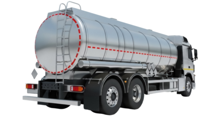 Silver fuel tanker truck PNG isolated on transparent background, commercial vehicle for transporting liquid cargo and petroleum products