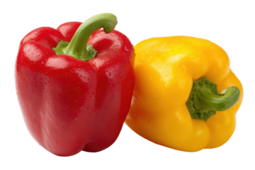 Red and yellow bell peppers isolated on transparent background. Vibrant red and yellow bell peppers freshly harvested for healthy cooking isolated on white background.