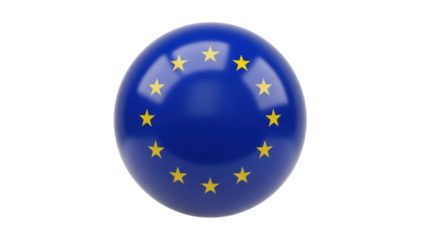 European Union flag sphere PNG isolated on transparent background, EU symbol with yellow stars on blue, political and geographic representation