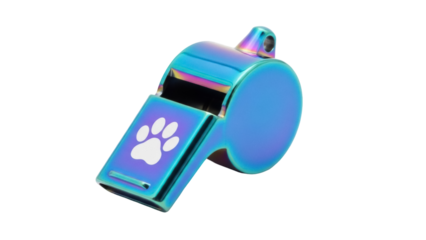 Iridescent dog whistle with paw print isolated PNG, colorful pet training tool on transparent background for obedience and recall