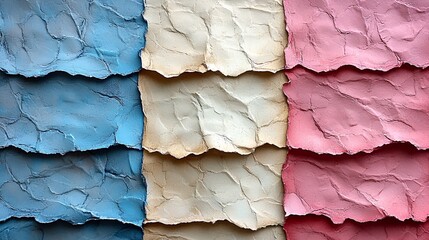Crumpled paper texture in blue, beige, and pink.