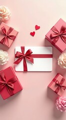 Many different types of gift boxes with red bows love background