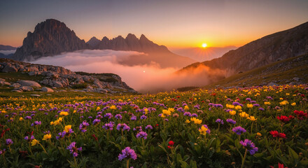 Alpine meadow landscape in realistic style in vibrant sunset colors representing natural beauty with copy space