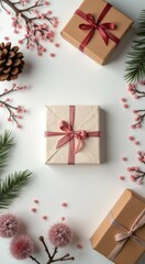 Many presents wrapped in brown paper and tied with pink ribbons congrarulation holiday background