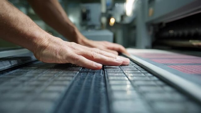 Medium shot focusing on hands handling polyester printing plates highlighting the flexibility and durability in the plate creation process.