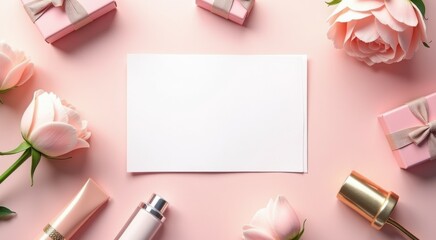 Many different types of cosmetics and flowers on the table