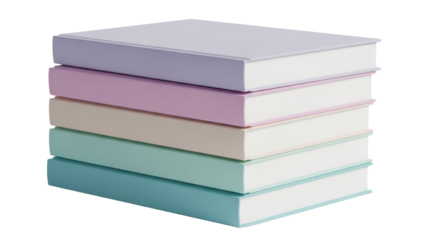 Stack of pastel-colored books isolated PNG on transparent background, collection of five hardcover books for reading and education