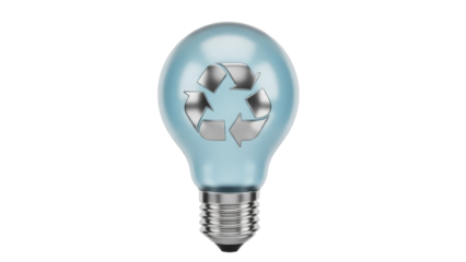 Light blue lightbulb with recycling symbol isolated PNG, eco-friendly energy concept for environmental awareness and sustainable solutions