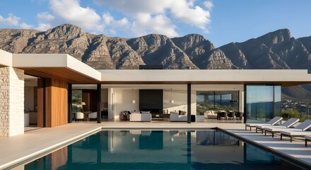 Modern luxury house with swimming pool and mountain view under blue sky