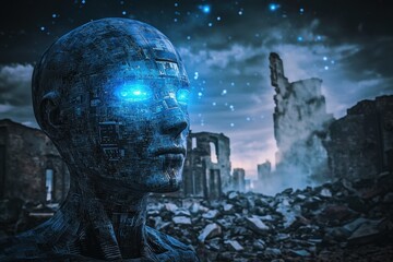 Futuristic humanoid figure stands amidst the ruins of a dystopian cityscape at dusk