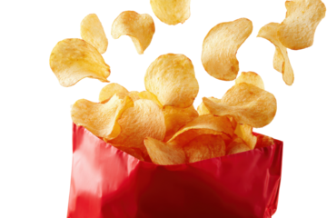 Potato chips falling out of red bag isolated on transparent background. Crispy potato chips exploding out of a red paper bag isolated on white background.