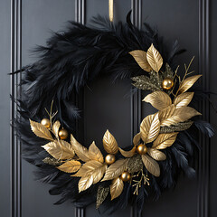 Elegant black and gold christmas wreath on dark door