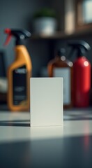 White card sitting on a counter next to a bottle of cleaner tidy garage