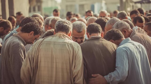 A photo featuring a gathering of men standing next to each other in a unified pose Men greeting each other after prayer