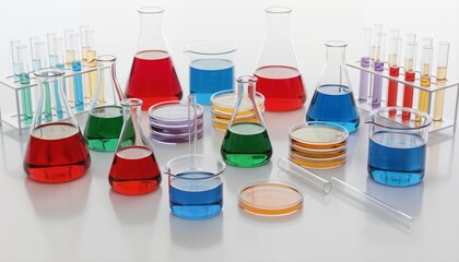 Medical Beakers and Test Tubes Filled with Vibrant Liquids in Laboratory